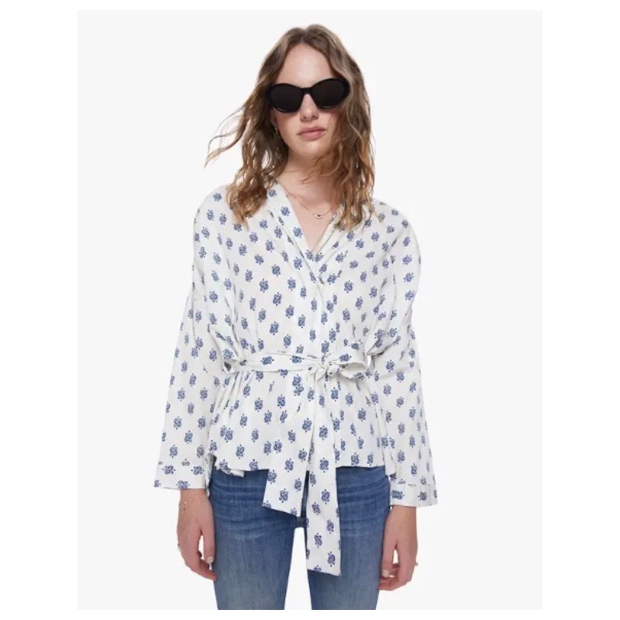 Xirena Melody Cotton Wrap Top Navy Drops Paisley Xs Ivory Blue Tie Waist Poplin